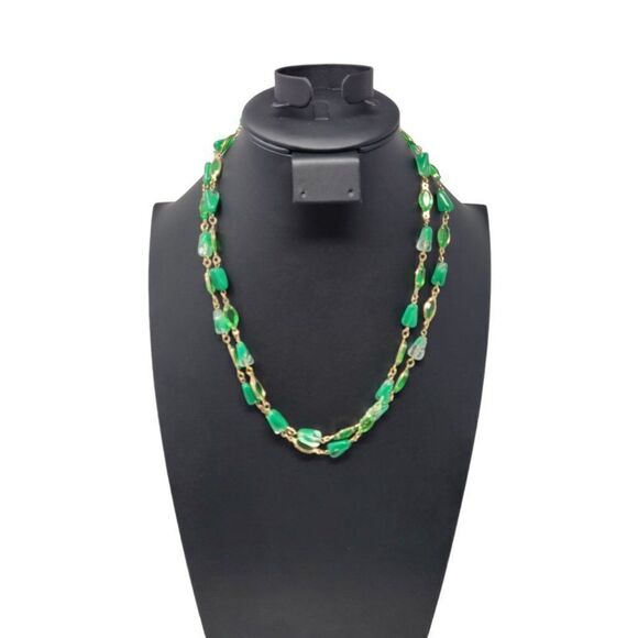 Vintage Flapper Necklace Gold Tone Resin Green Beaded Versatile 45" Delicate - Picture 4 of 14